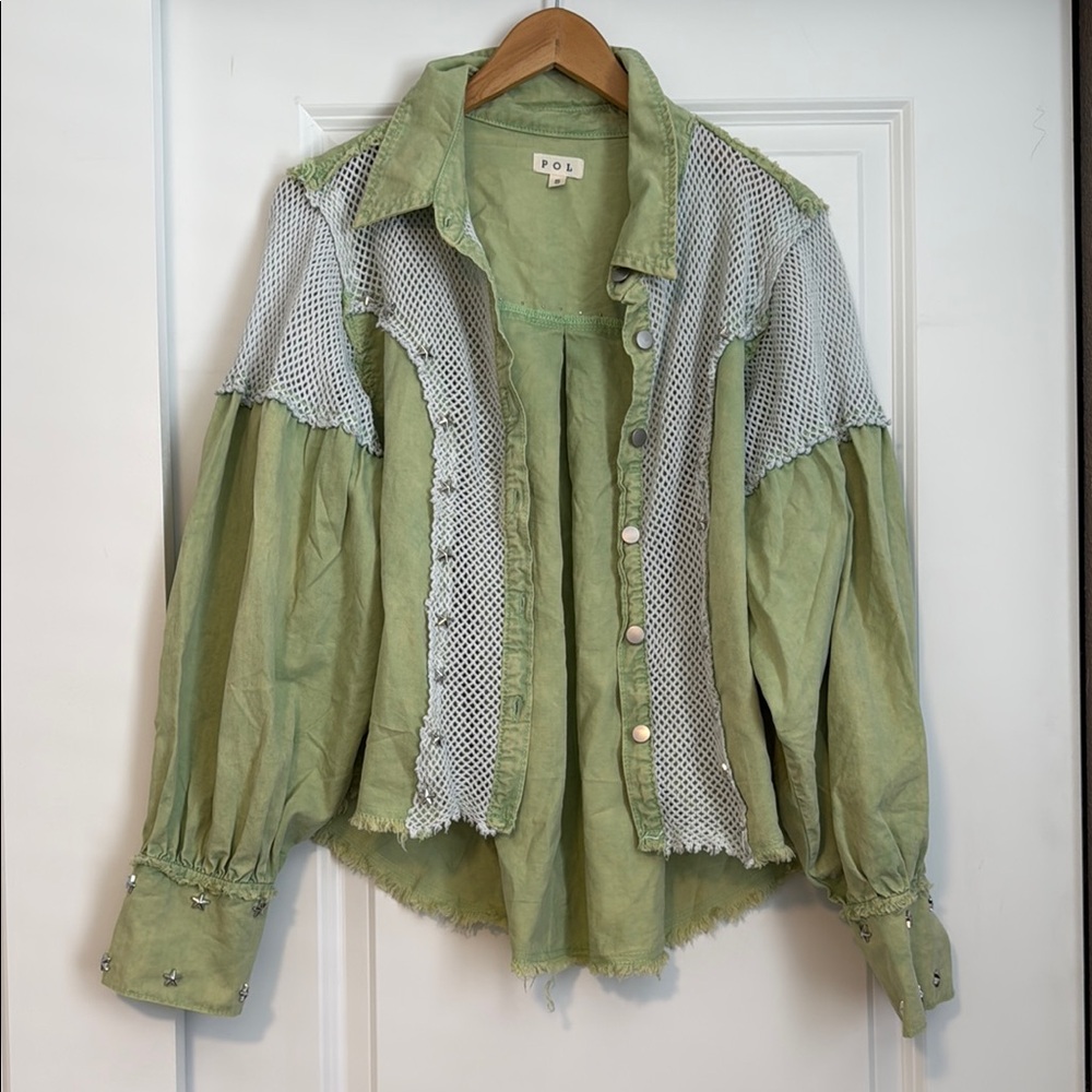 POL lime green button down studded star detail